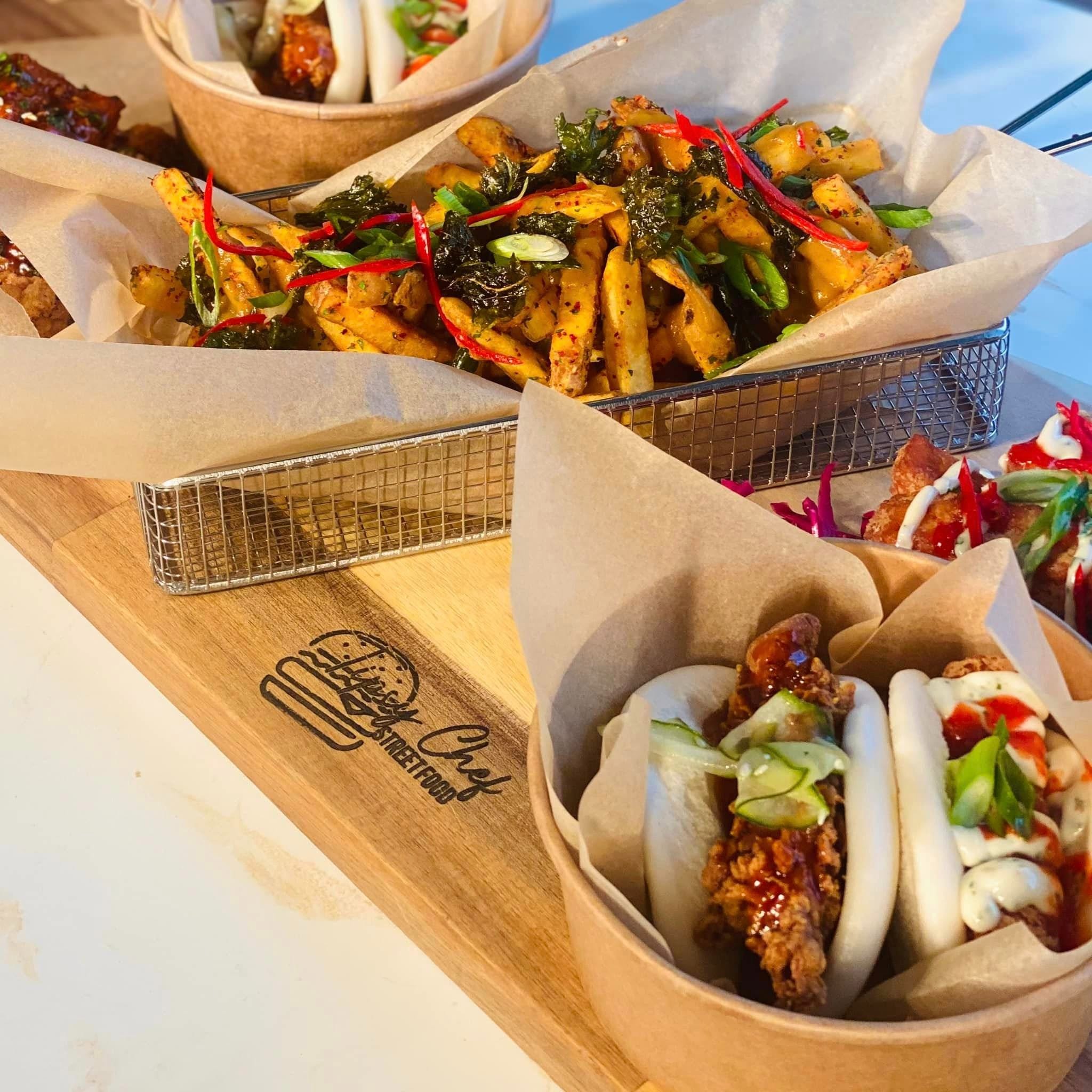 Bao buns and loaded street food baskets by The Tipsy Chef