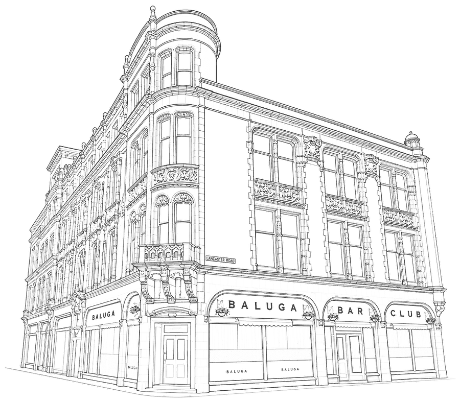 Line drawing of the Baluga building on Church Street, Preston