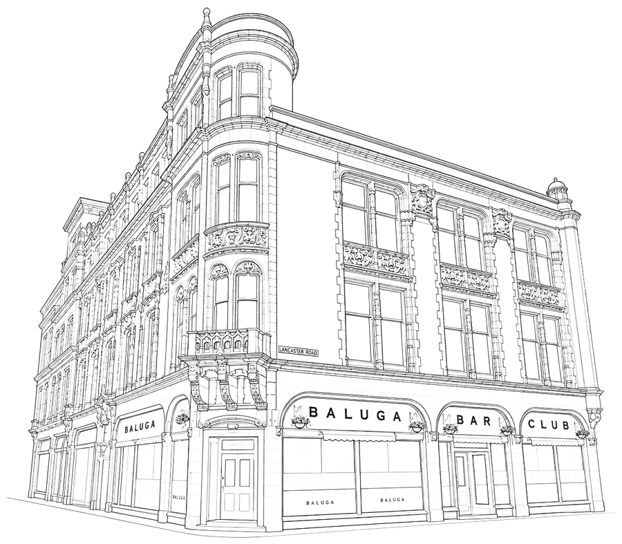 Line drawing of the Baluga building on Church Street, Preston